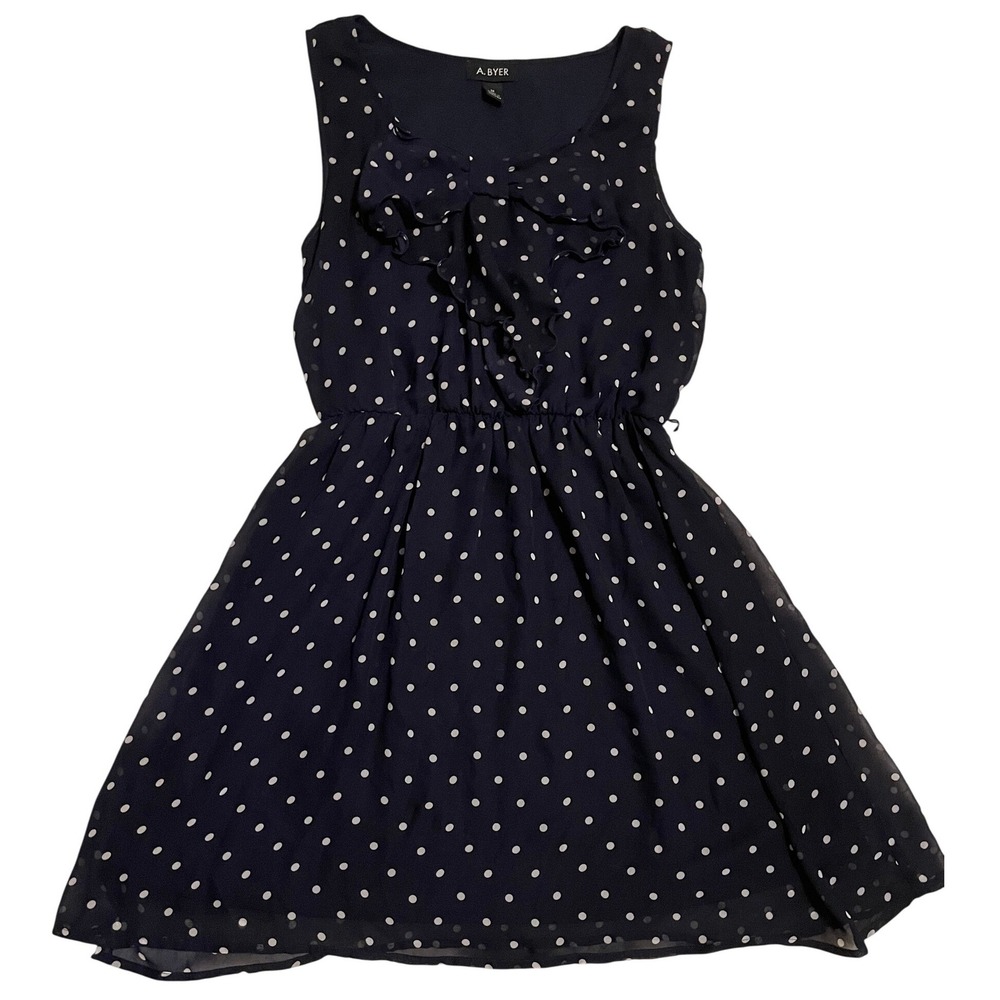 A Byer Navy Polka Dot Ruffle Bow Sleeveless Dress Womens Med Y2K Midi Feminine